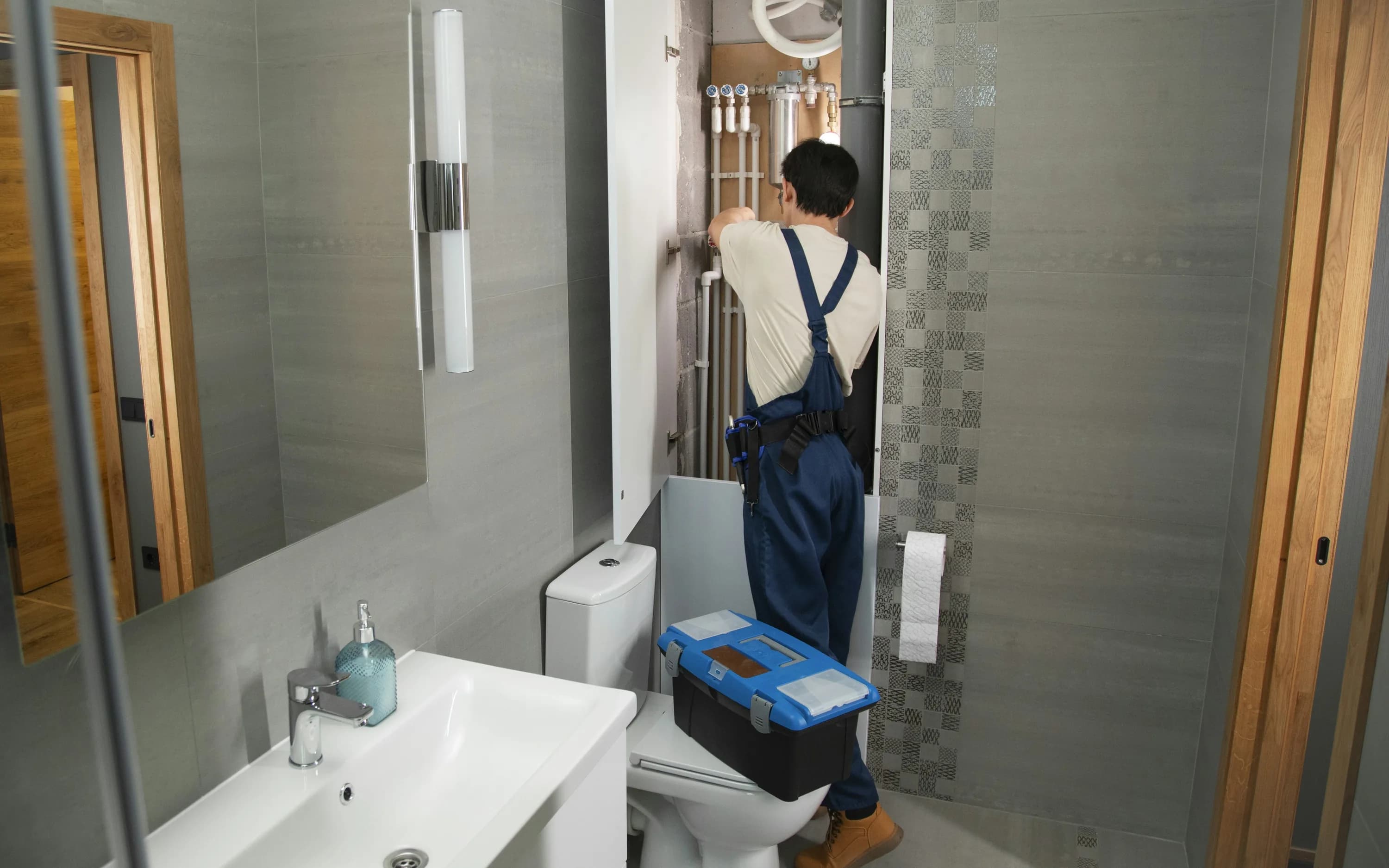 Banyo içindeki temiz su bağlantısına müdahale eden tesisat ustası